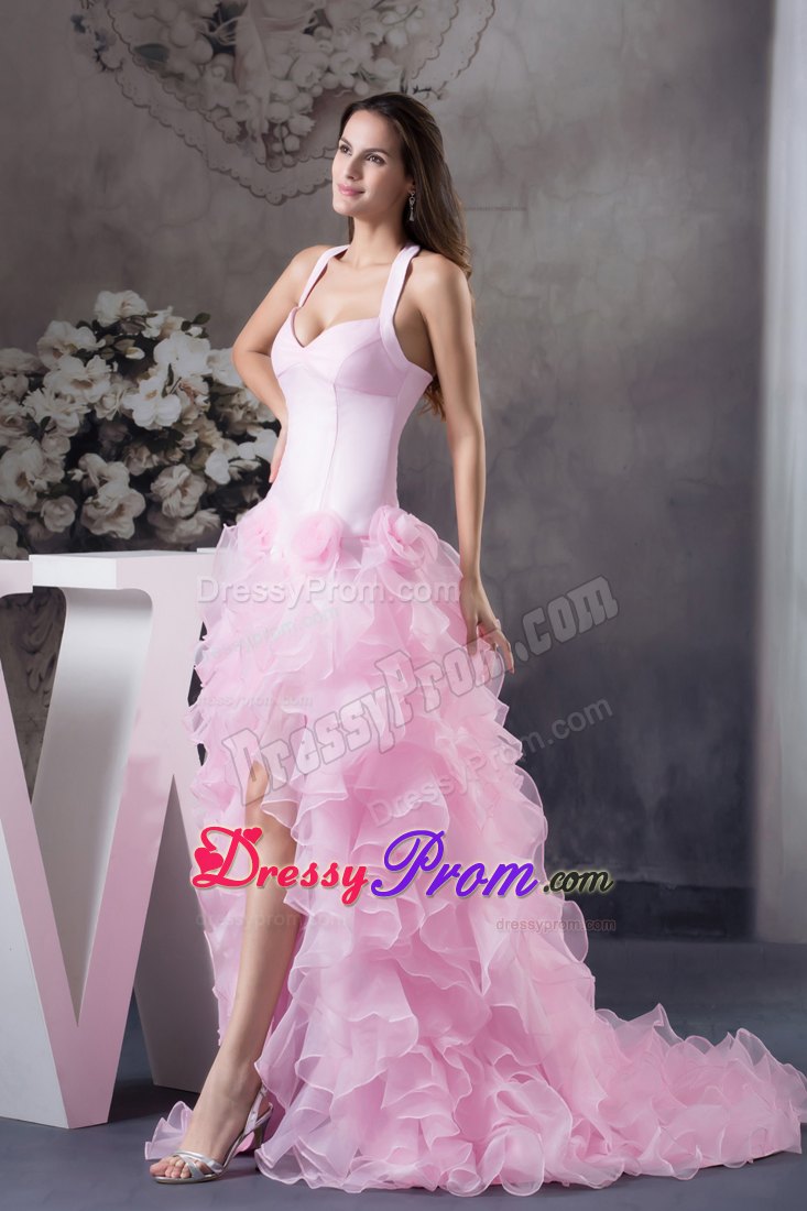 Halter Pink High-Low Dress for Prom with Flowers And Ruffles