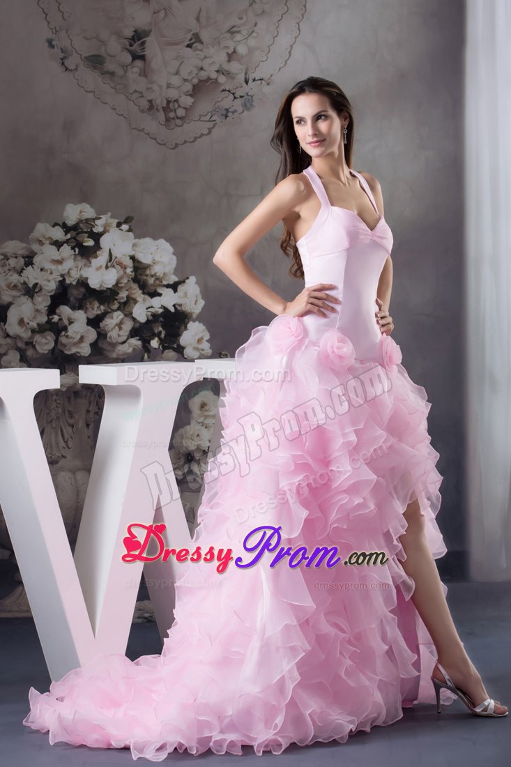 Halter Pink High-Low Dress for Prom with Flowers And Ruffles