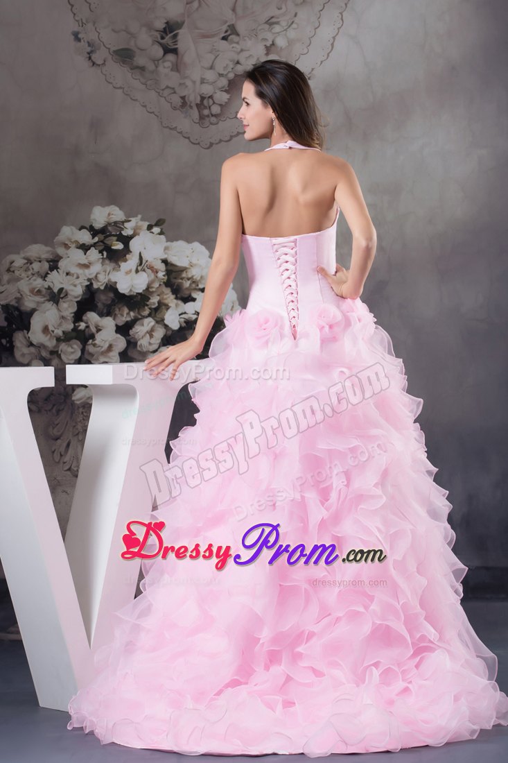 Halter Pink High-Low Dress for Prom with Flowers And Ruffles