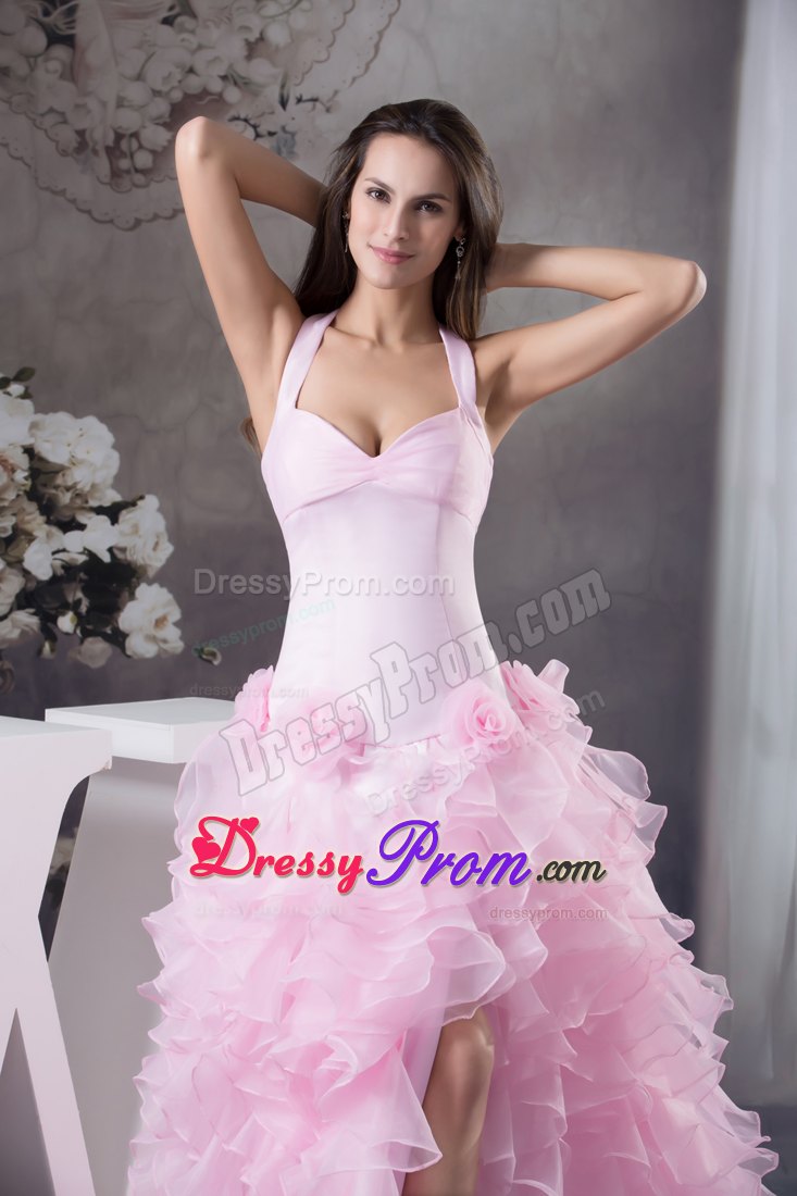 Halter Pink High-Low Dress for Prom with Flowers And Ruffles