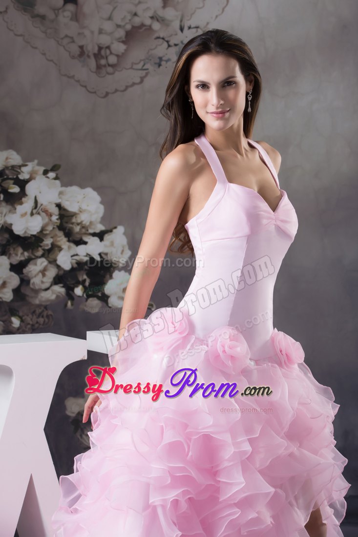 Halter Pink High-Low Dress for Prom with Flowers And Ruffles