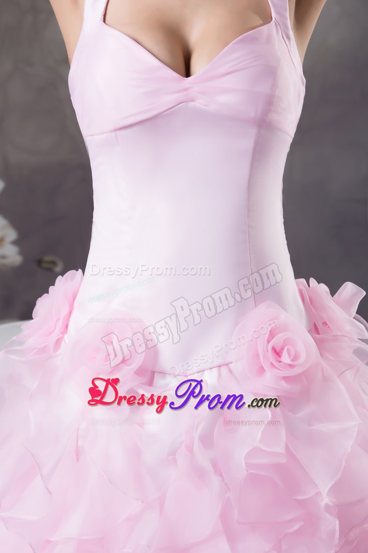 Halter Pink High-Low Dress for Prom with Flowers And Ruffles