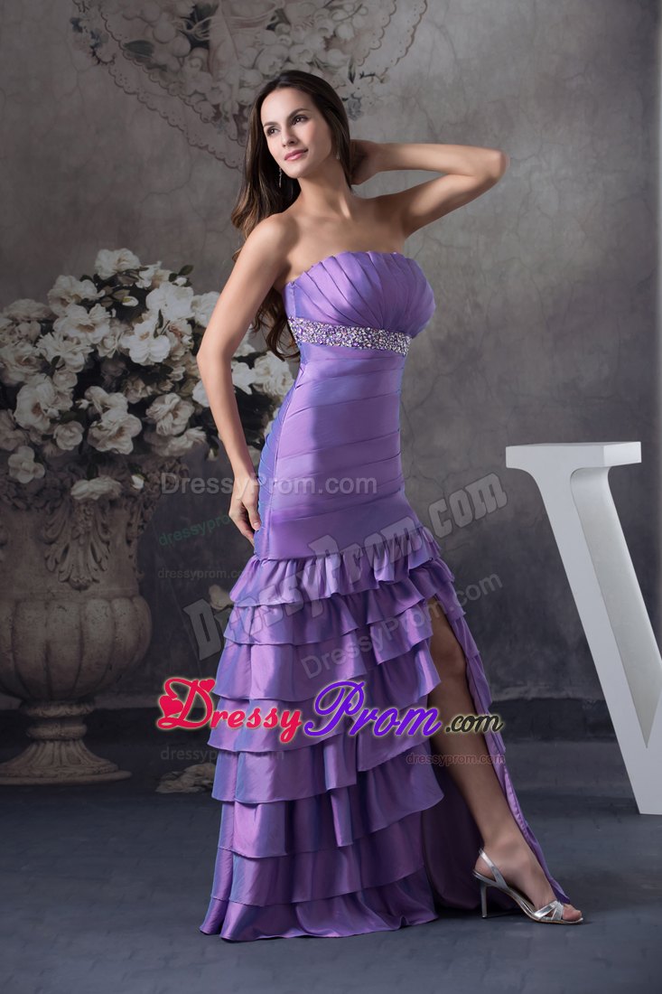 Lavender High Slit Prom Homecoming Dress with Beading Ruffled Layers