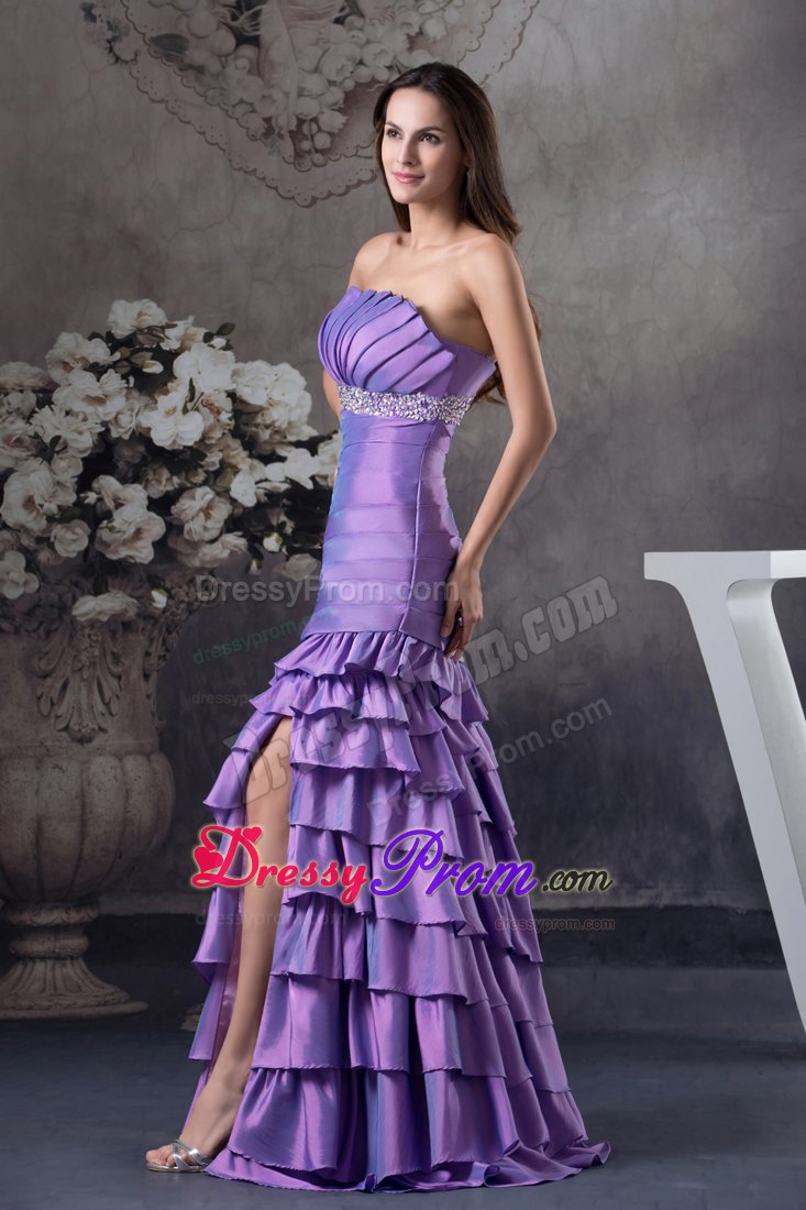 Lavender High Slit Prom Homecoming Dress with Beading Ruffled Layers