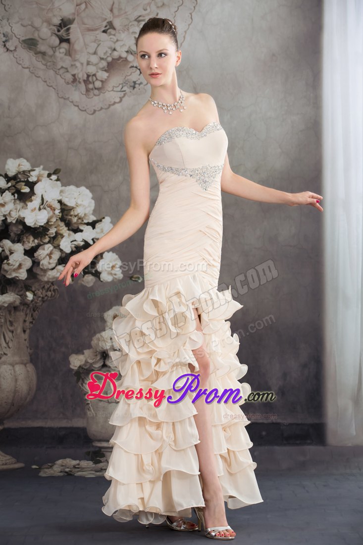 Beaded and Ruched Champagne Prom Celebrity Dresses with Ruffles