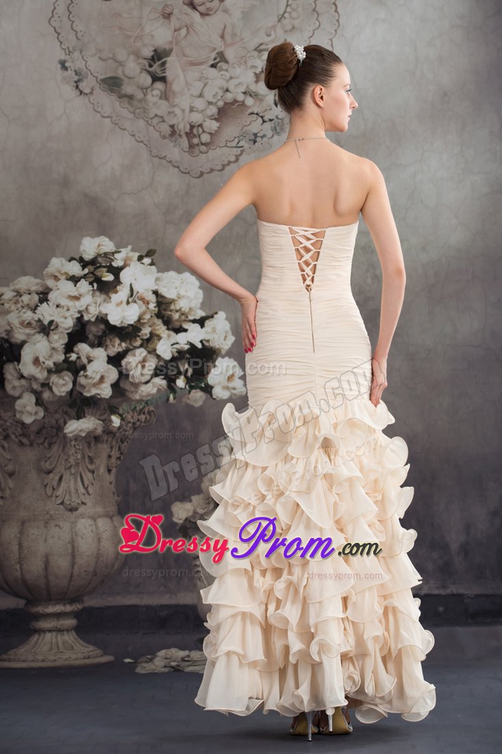 Beaded and Ruched Champagne Prom Celebrity Dresses with Ruffles