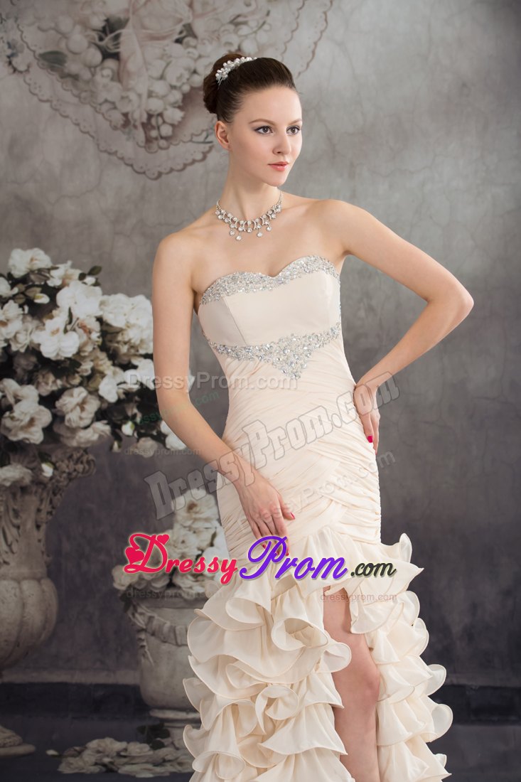 Beaded and Ruched Champagne Prom Celebrity Dresses with Ruffles