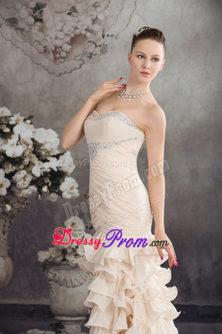Beaded and Ruched Champagne Prom Celebrity Dresses with Ruffles