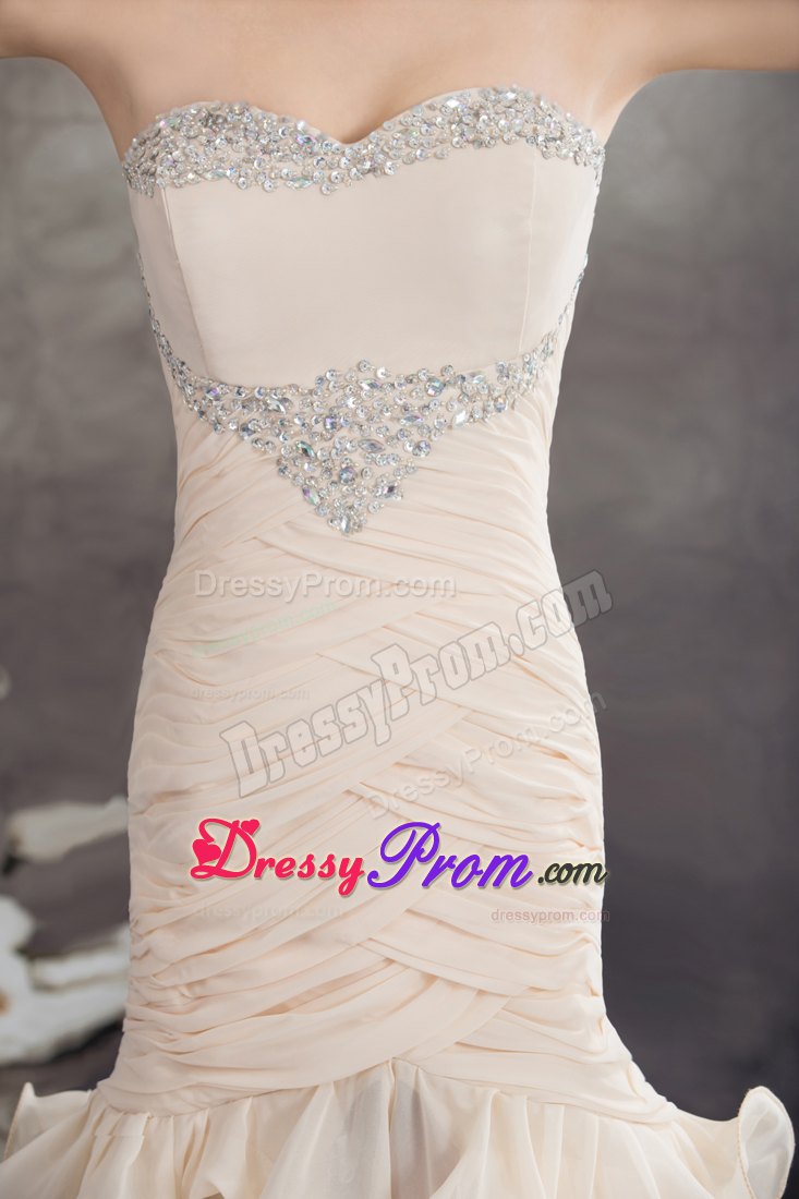 Beaded and Ruched Champagne Prom Celebrity Dresses with Ruffles