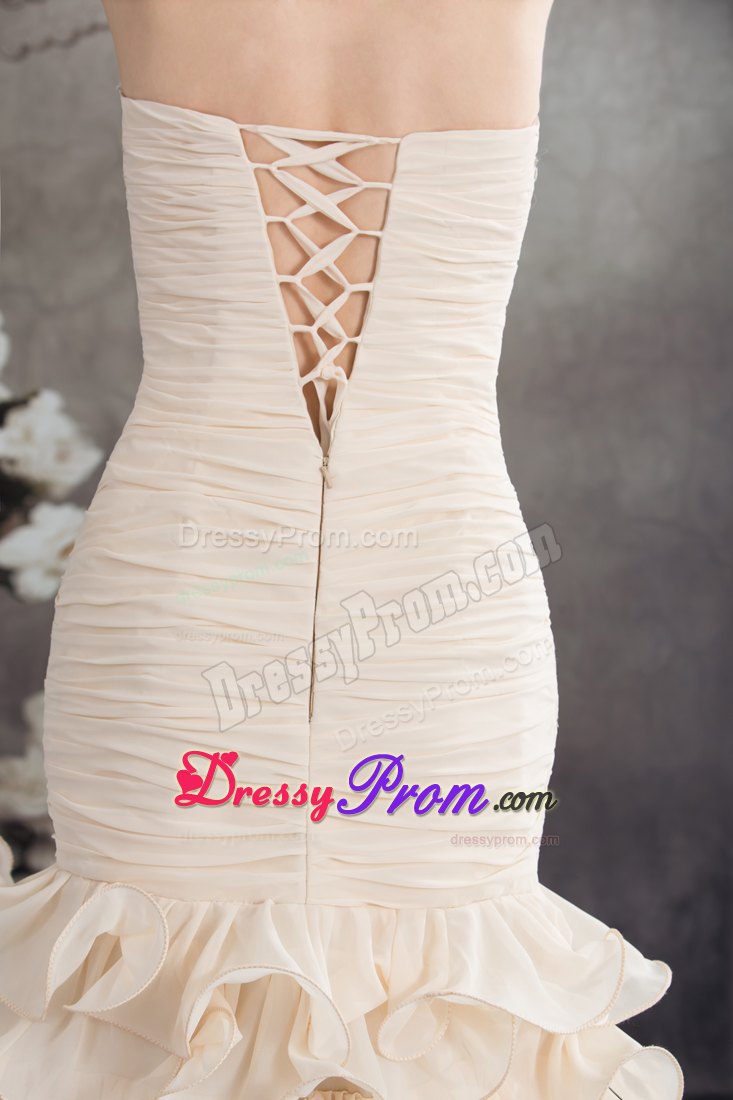 Beaded and Ruched Champagne Prom Celebrity Dresses with Ruffles