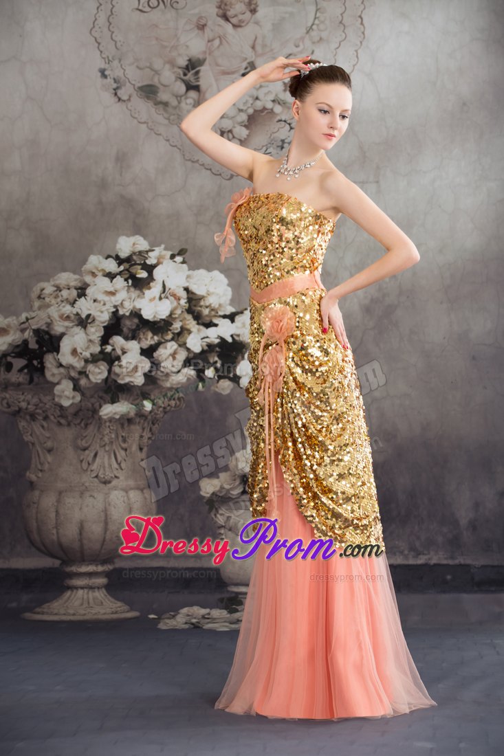 Gold Paillette and Flowers Accent Pleated Watermelon Prom Dresses