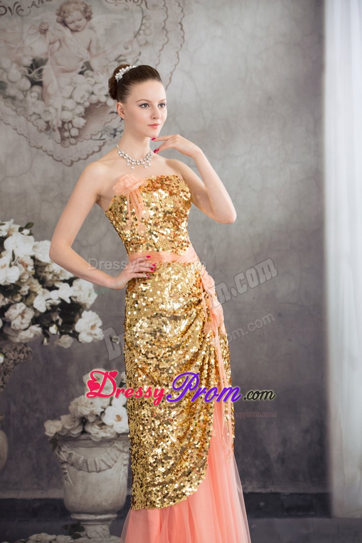 Gold Paillette and Flowers Accent Pleated Watermelon Prom Dresses