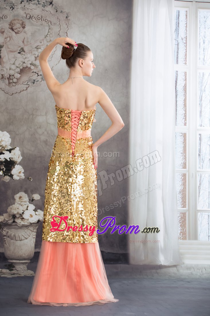 Gold Paillette and Flowers Accent Pleated Watermelon Prom Dresses