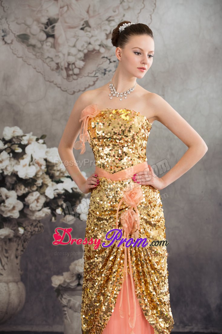 Gold Paillette and Flowers Accent Pleated Watermelon Prom Dresses