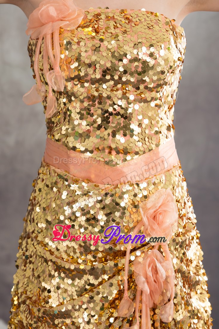 Gold Paillette and Flowers Accent Pleated Watermelon Prom Dresses