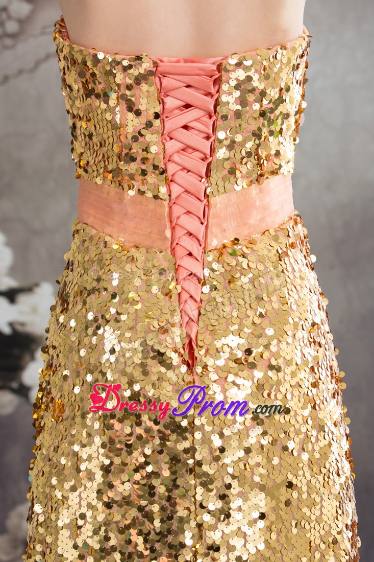 Gold Paillette and Flowers Accent Pleated Watermelon Prom Dresses