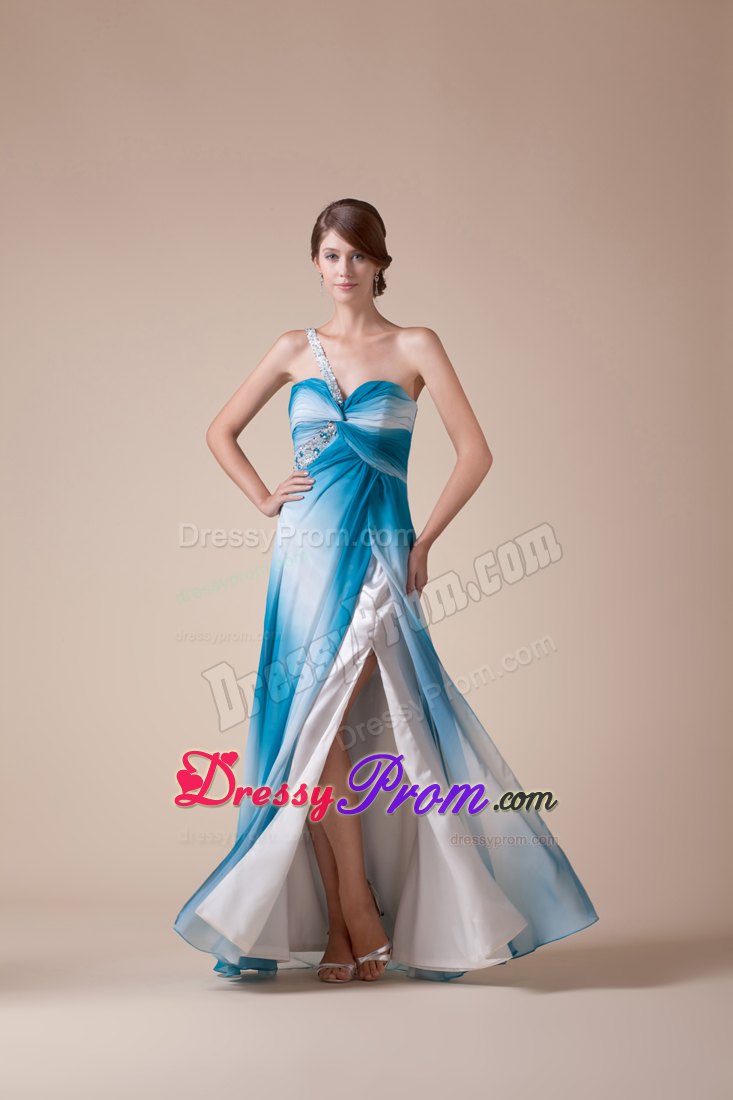 Beading One Shoulder High Slit Prom Celebrity Dress in Ombre Color