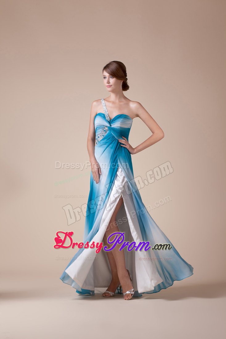 Beading One Shoulder High Slit Prom Celebrity Dress in Ombre Color