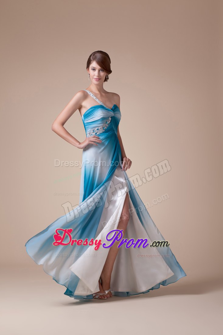 Beading One Shoulder High Slit Prom Celebrity Dress in Ombre Color