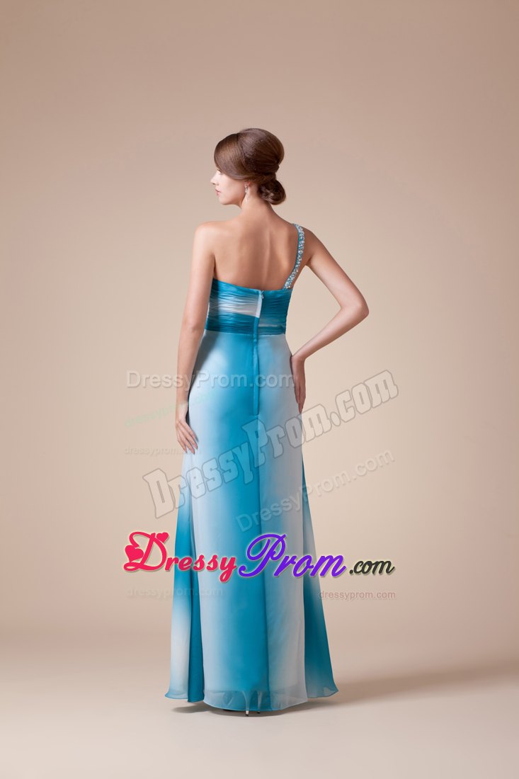 Beading One Shoulder High Slit Prom Celebrity Dress in Ombre Color