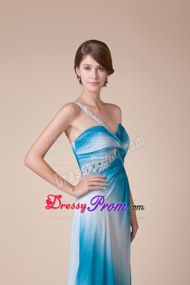 Beading One Shoulder High Slit Prom Celebrity Dress in Ombre Color