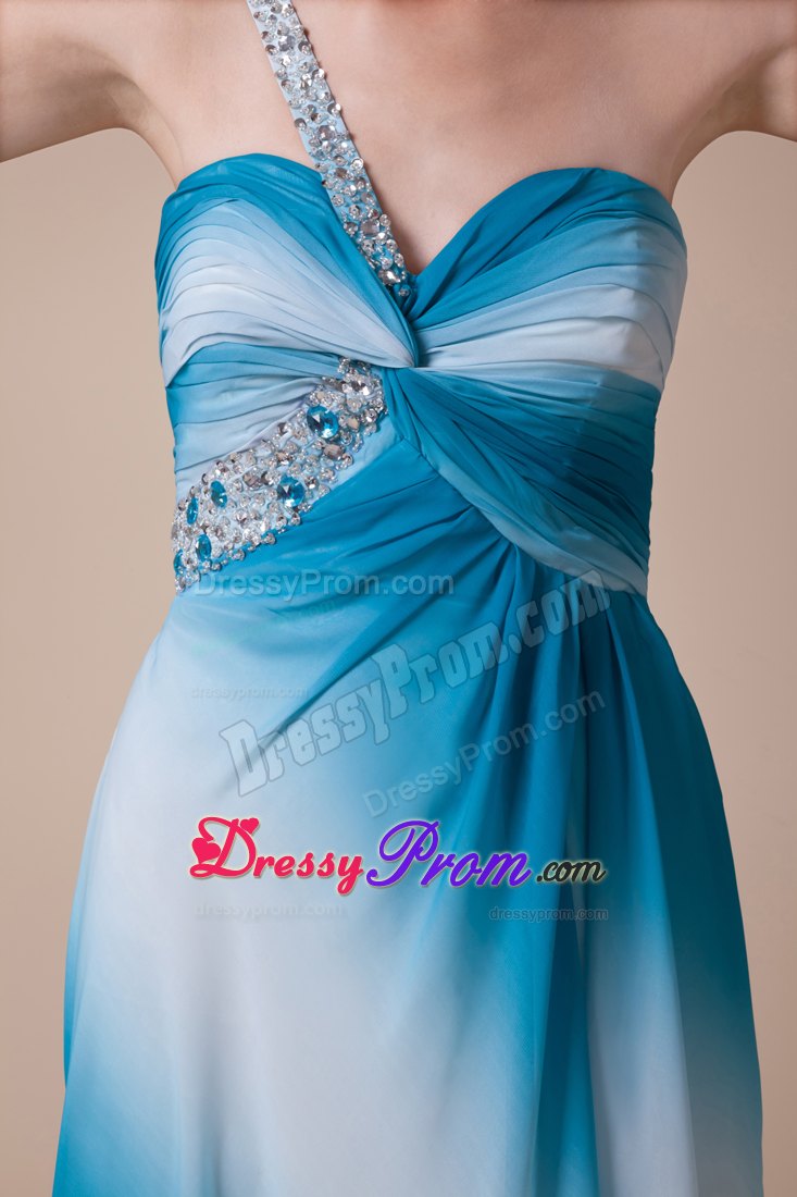 Beading One Shoulder High Slit Prom Celebrity Dress in Ombre Color