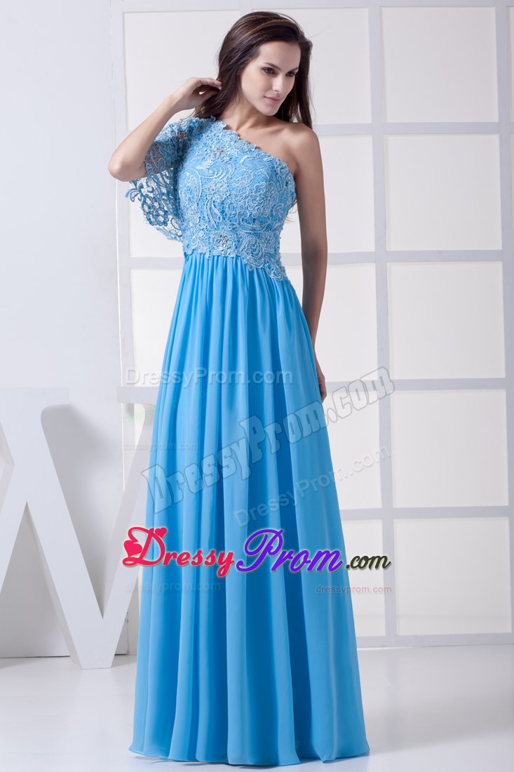 Lace Accent One Shoulder Blue Empire Long Prom Celebrity Dresses