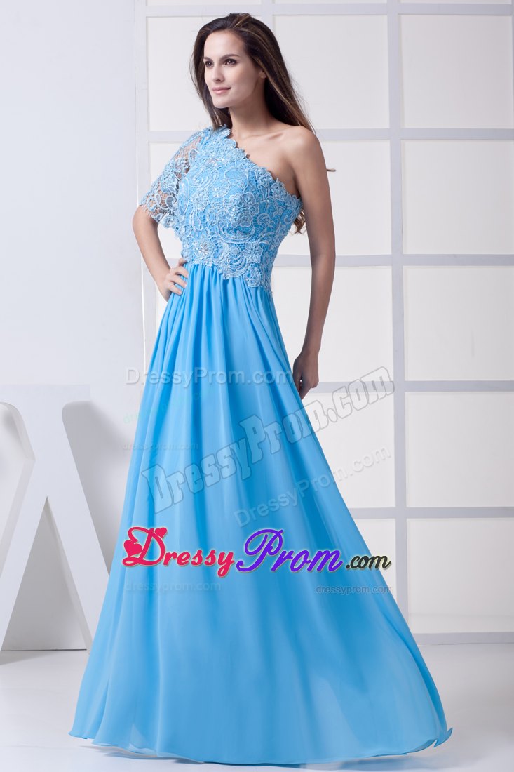 Lace Accent One Shoulder Blue Empire Long Prom Celebrity Dresses