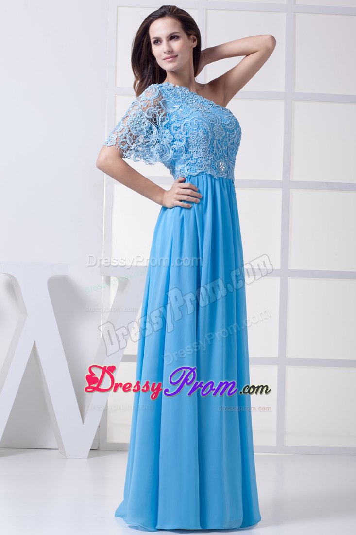 Lace Accent One Shoulder Blue Empire Long Prom Celebrity Dresses