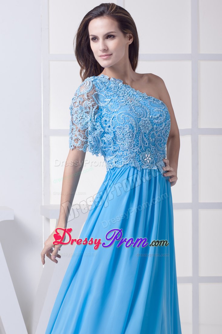Lace Accent One Shoulder Blue Empire Long Prom Celebrity Dresses
