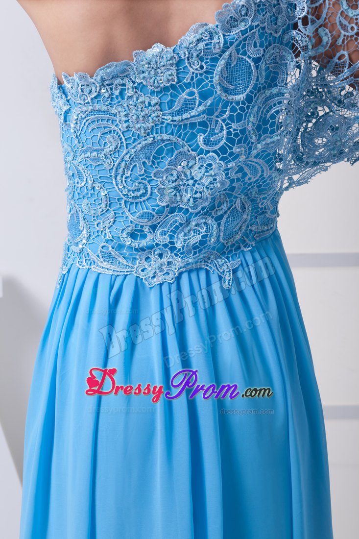 Lace Accent One Shoulder Blue Empire Long Prom Celebrity Dresses