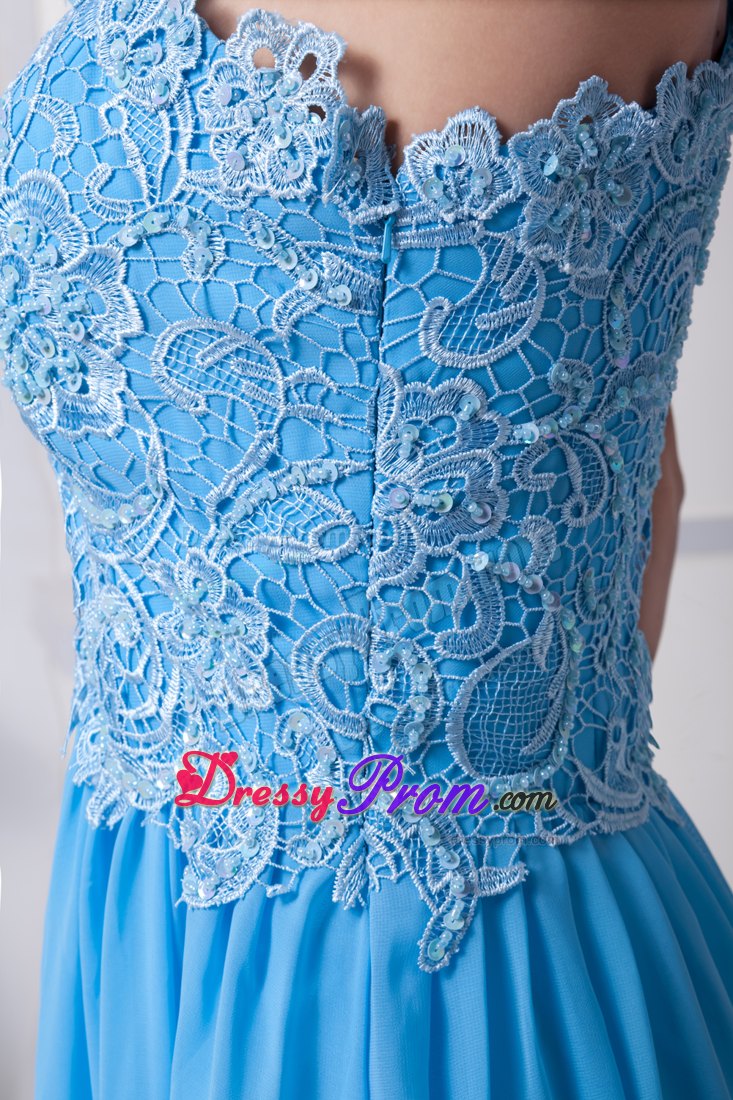 Lace Accent One Shoulder Blue Empire Long Prom Celebrity Dresses