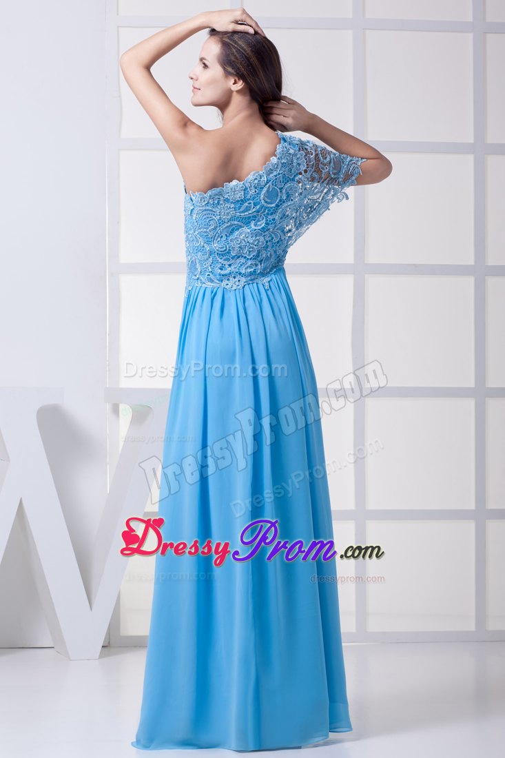 Lace Accent One Shoulder Blue Empire Long Prom Celebrity Dresses