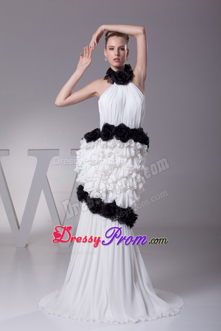 Unique Halter White Brush Train Prom Dress with Flowers