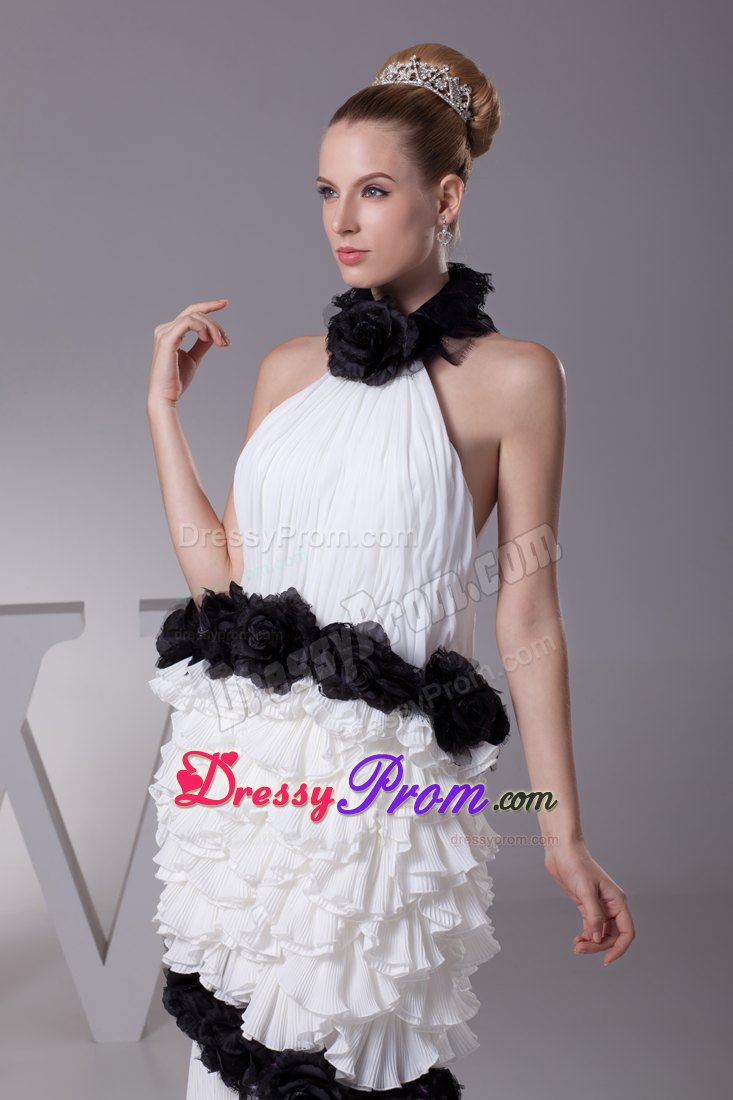 Unique Halter White Brush Train Prom Dress with Flowers