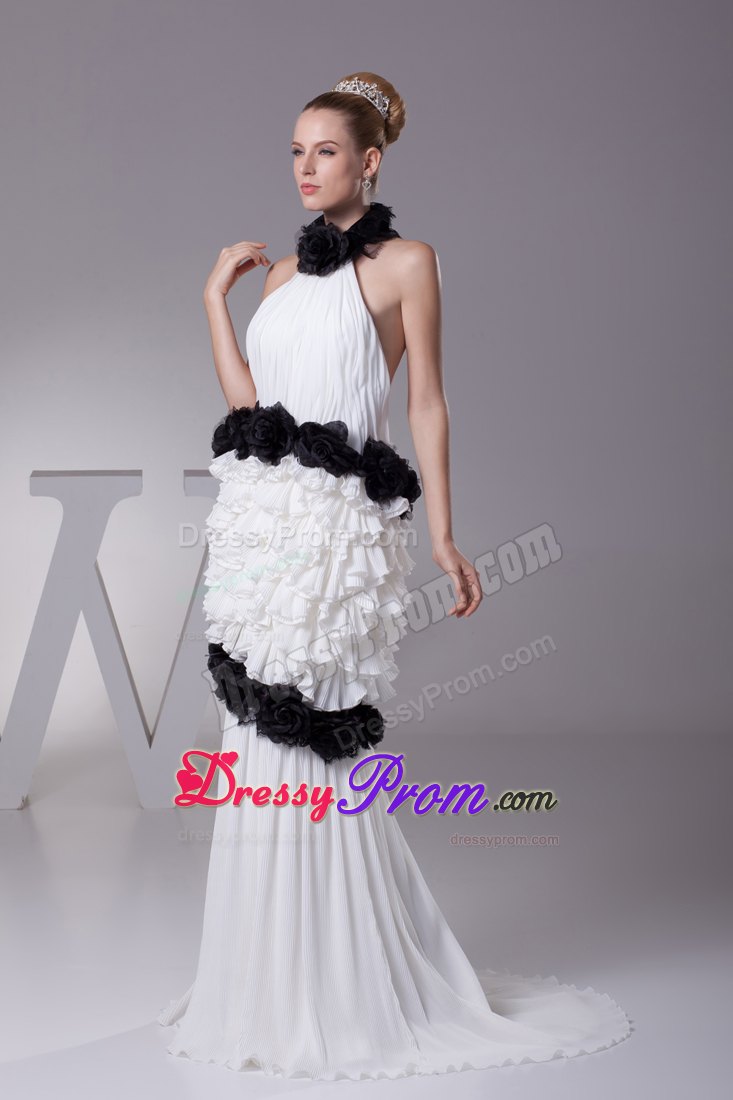 Unique Halter White Brush Train Prom Dress with Flowers