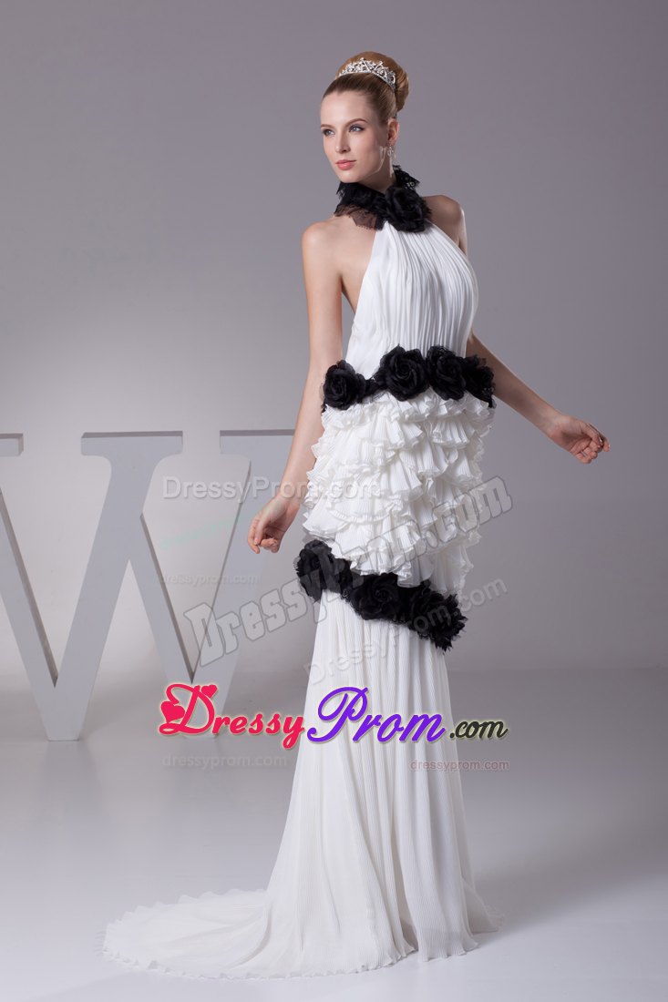 Unique Halter White Brush Train Prom Dress with Flowers