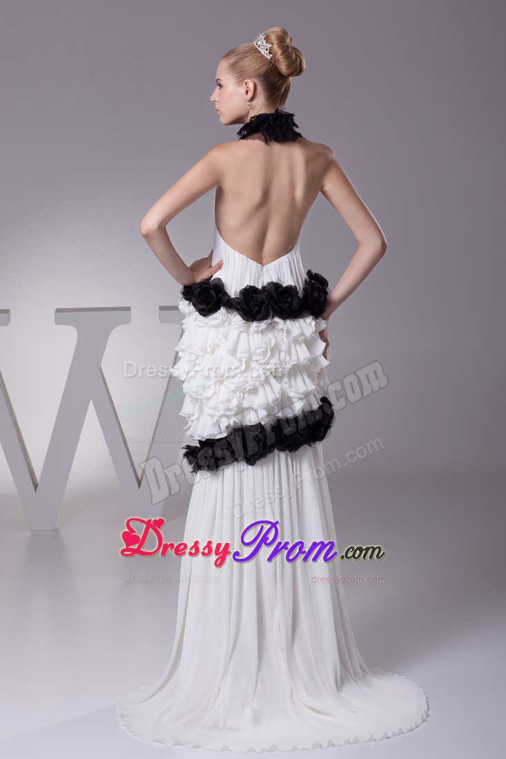 Unique Halter White Brush Train Prom Dress with Flowers