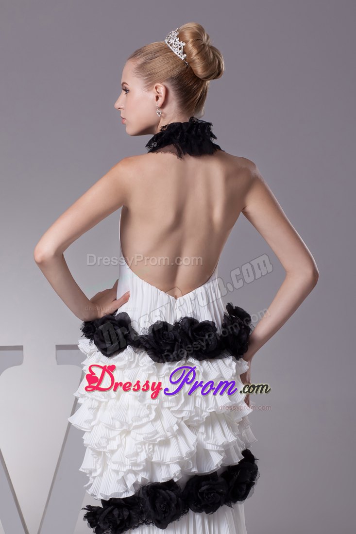 Unique Halter White Brush Train Prom Dress with Flowers