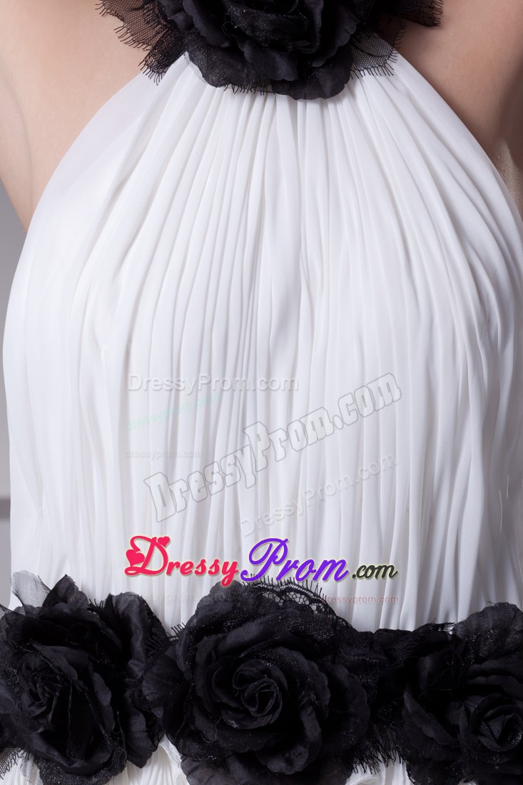 Unique Halter White Brush Train Prom Dress with Flowers