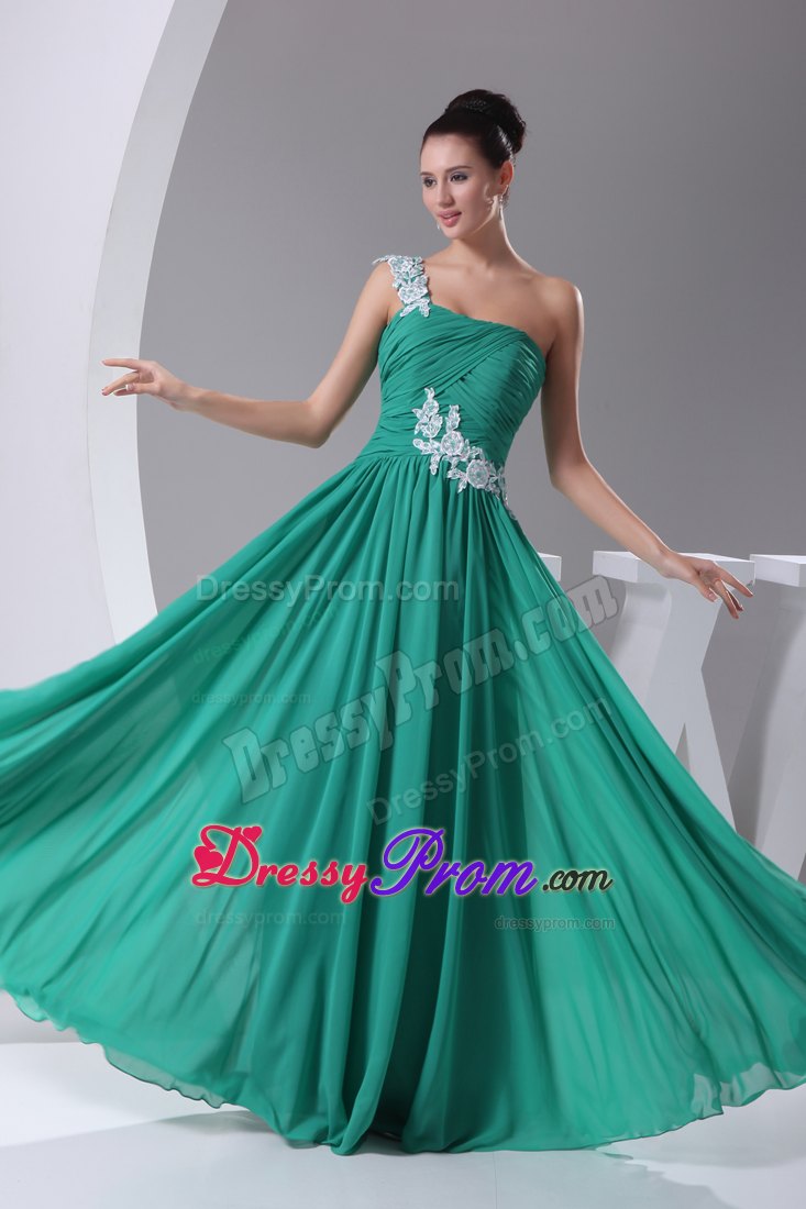 Appliqued One Shoulder Green Prom Celebrity Dress with Ruches
