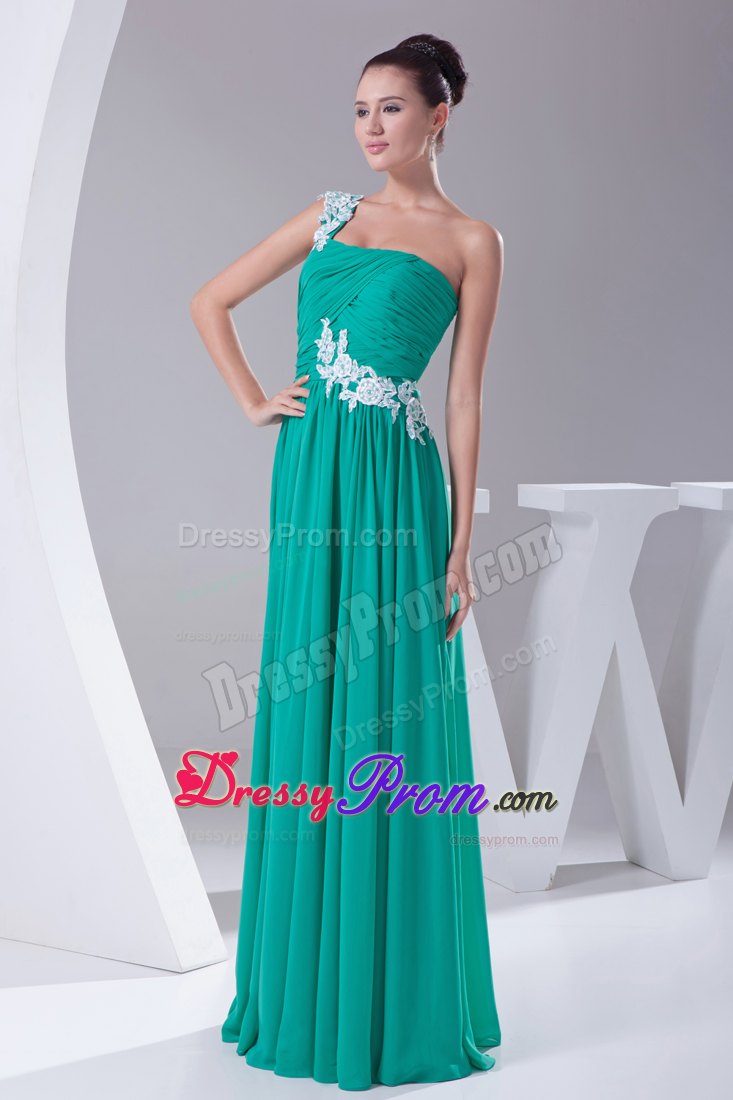 Appliqued One Shoulder Green Prom Celebrity Dress with Ruches
