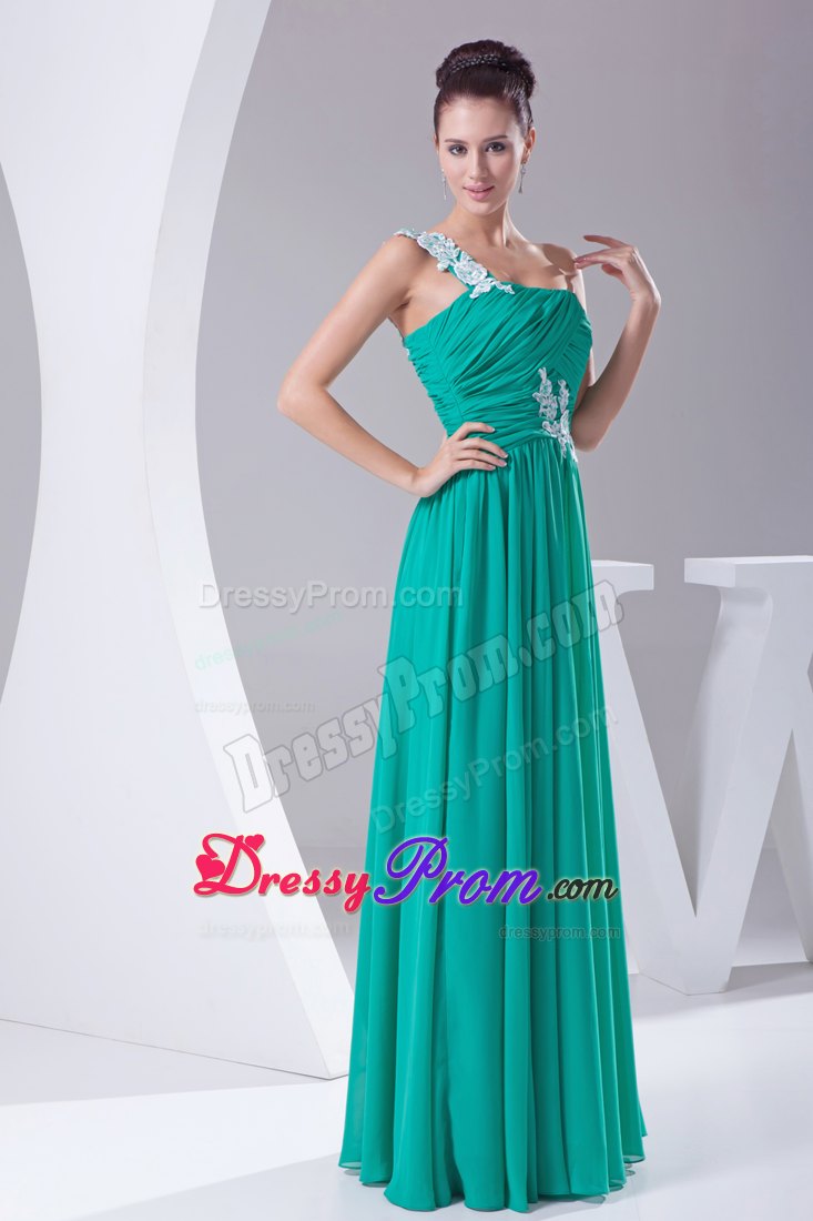 Appliqued One Shoulder Green Prom Celebrity Dress with Ruches