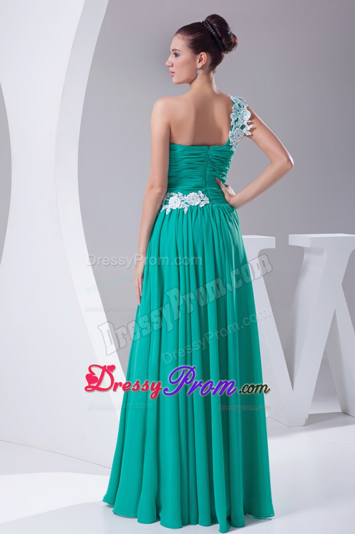 Appliqued One Shoulder Green Prom Celebrity Dress with Ruches
