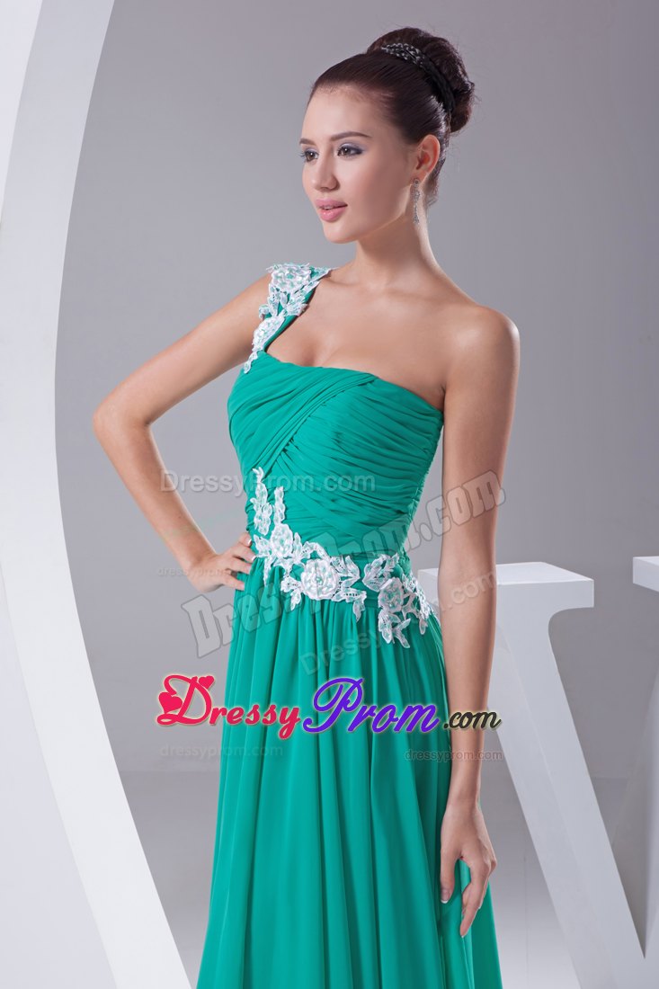 Appliqued One Shoulder Green Prom Celebrity Dress with Ruches