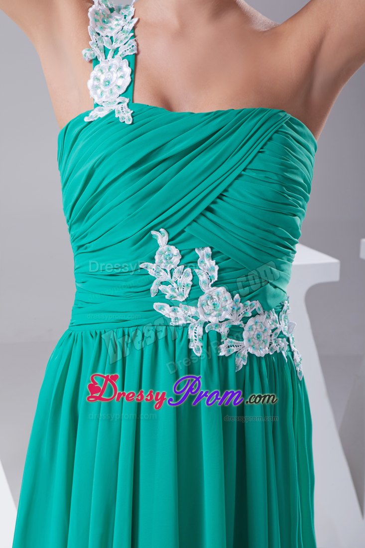 Appliqued One Shoulder Green Prom Celebrity Dress with Ruches