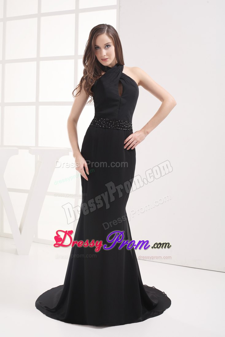 Affordable Halter Top Brush Train Black Prom Dress for Girls
