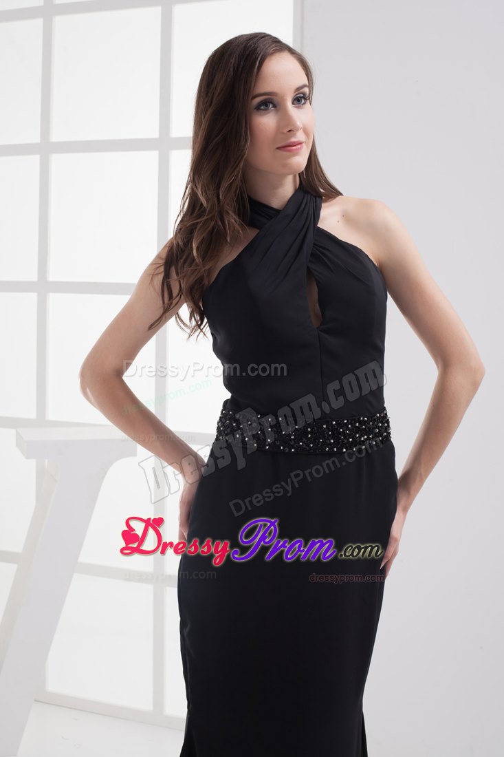 Affordable Halter Top Brush Train Black Prom Dress for Girls