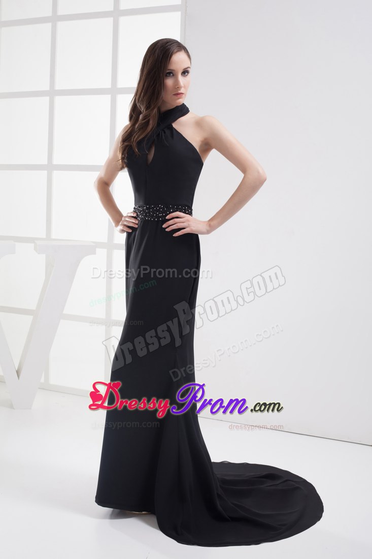 Affordable Halter Top Brush Train Black Prom Dress for Girls