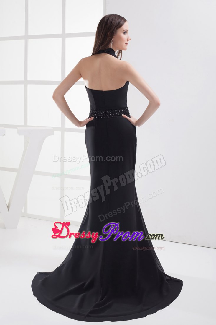 Affordable Halter Top Brush Train Black Prom Dress for Girls